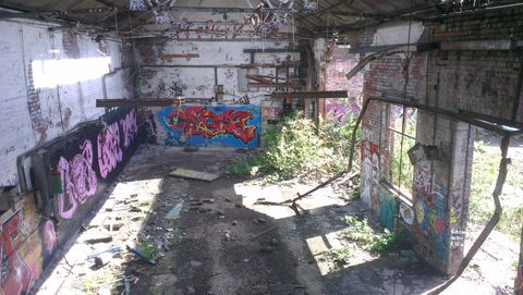 Looking down through the hole at the empty shell of the adjoining building. Rusted strip light fittings still hang from the rafters. Where the sunlight reaches inside, plants have crept in from the yard.